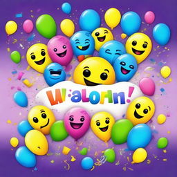 A colorful and fun party invitation featuring various popular emojis like smiley faces, party poppers, and balloons