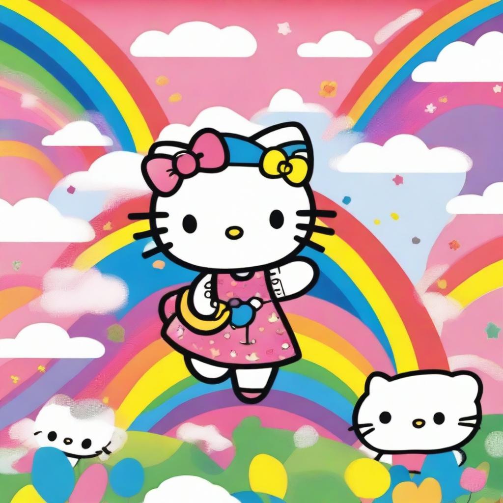 A vibrant and cheerful image featuring Hello Kitty in a rainbow-themed setting