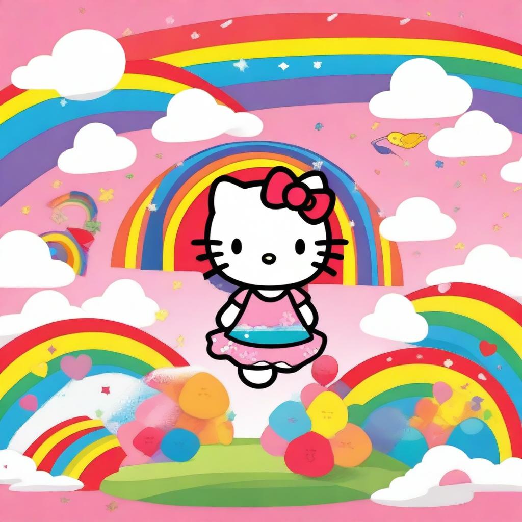 A vibrant and cheerful image featuring Hello Kitty in a rainbow-themed setting