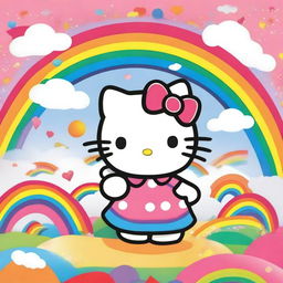 A vibrant and cheerful image featuring Hello Kitty in a rainbow-themed setting