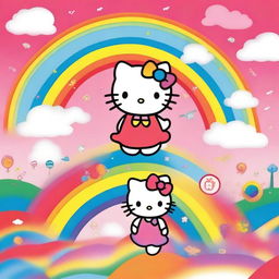 A vibrant and cheerful image featuring Hello Kitty in a rainbow-themed setting