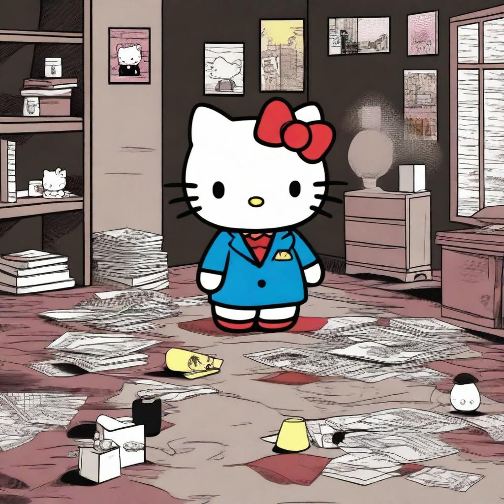 A unique image featuring Hello Kitty in a true crime-themed setting