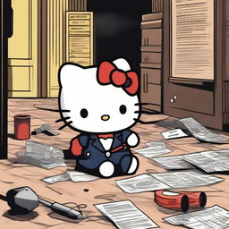 A unique image featuring Hello Kitty in a true crime-themed setting