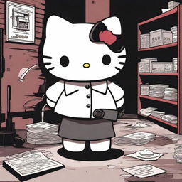 A unique image featuring Hello Kitty in a true crime-themed setting