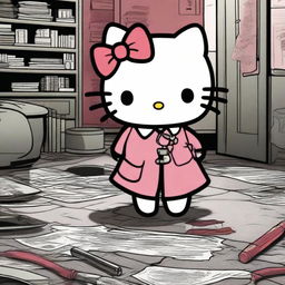 A unique image featuring Hello Kitty in a true crime-themed setting