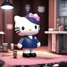 A 3D rendering of Hello Kitty in a true crime setting