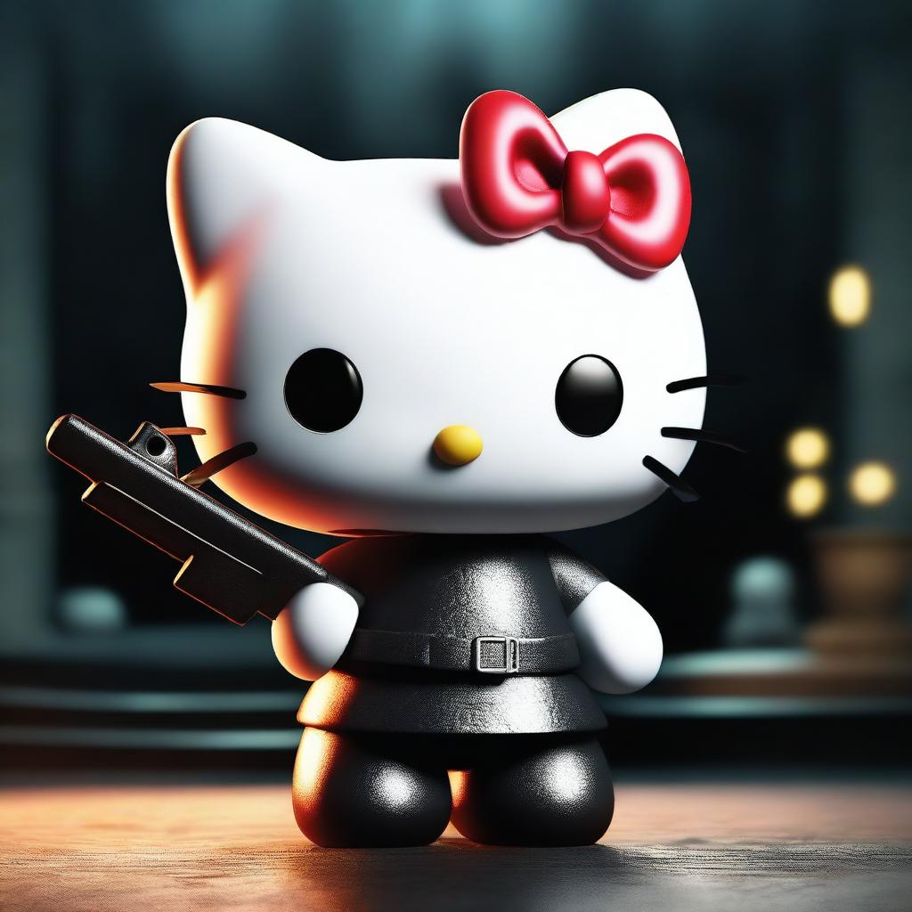 A 3D rendering of Hello Kitty in a dark and intense setting