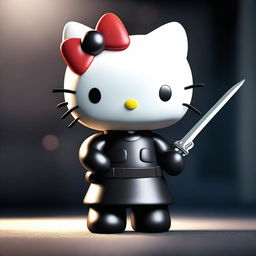 A 3D rendering of Hello Kitty in a dark and intense setting