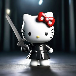 A 3D rendering of Hello Kitty in a dark and intense setting