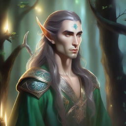 A detailed fantasy illustration of a male Eladrin, an elf-like character with an ethereal and otherworldly appearance