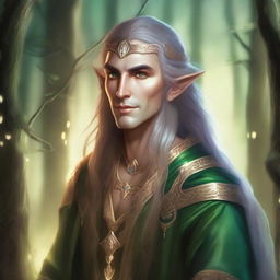 A detailed fantasy illustration of a male Eladrin, an elf-like character with an ethereal and otherworldly appearance