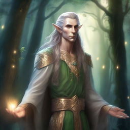 A detailed fantasy illustration of a male Eladrin, an elf-like character with an ethereal and otherworldly appearance