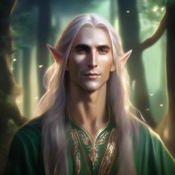 A detailed fantasy illustration of a male Eladrin, an elf-like character with an ethereal and otherworldly appearance