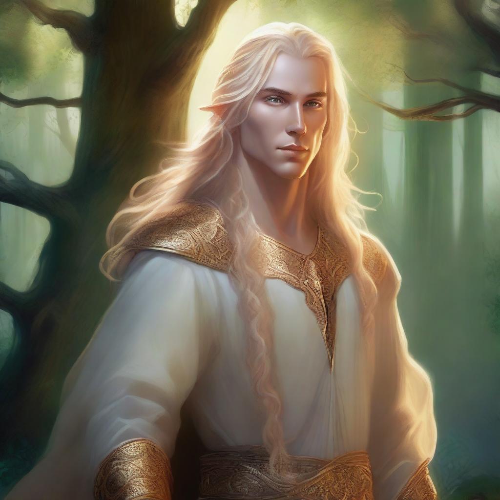 A detailed fantasy illustration of a male Eladrin with a human face and blonde hair