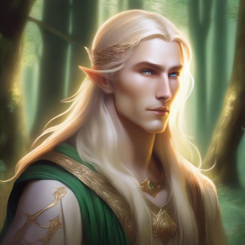 A detailed fantasy illustration of a male Eladrin with a human face and blonde hair