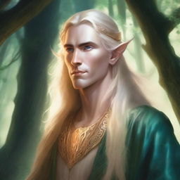 A detailed fantasy illustration of a male Eladrin with a human face and blonde hair