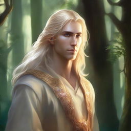 A detailed fantasy illustration of a male Eladrin with a human face and blonde hair