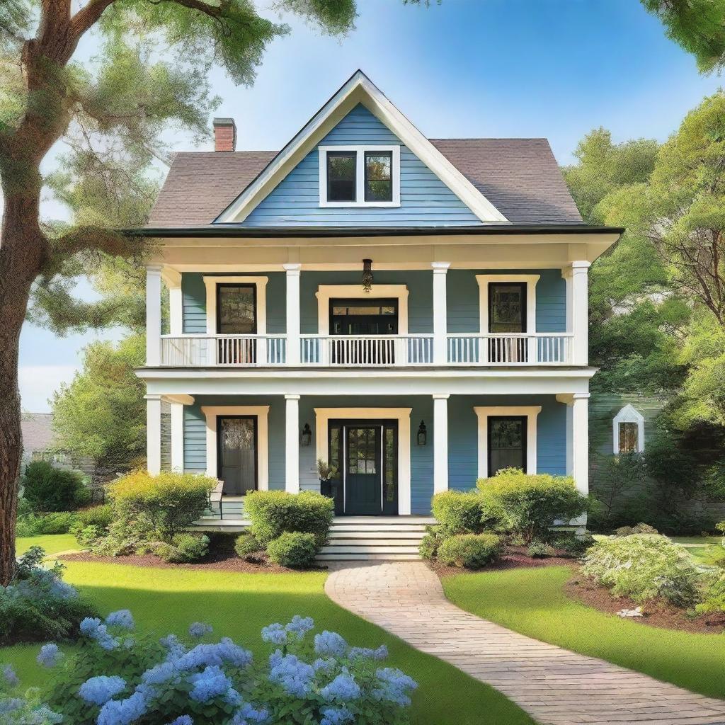 Create a book cover featuring a charming three-story house