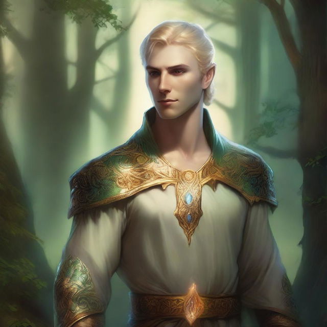 A detailed fantasy illustration of a male Eladrin with a human face, short blonde hair, and a piercing in his helix