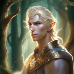 A detailed fantasy illustration of a male Eladrin with a human face, short blonde hair, and a piercing in his helix