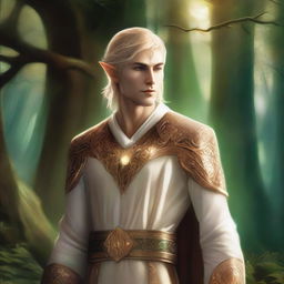 A detailed fantasy illustration of a male Eladrin with a human face, short blonde hair, and a piercing in his helix