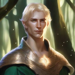 A detailed fantasy illustration of a male Eladrin with a human face, short blonde hair, and a piercing in his helix