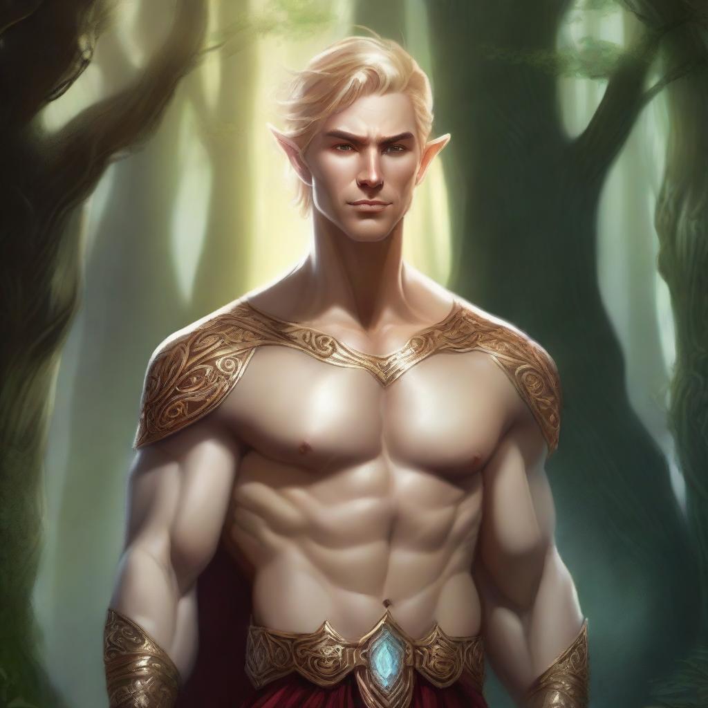 A detailed fantasy illustration of a male Eladrin with a human face, short blonde hair, and a piercing in his ear