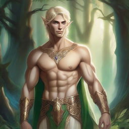 A detailed fantasy illustration of a male Eladrin with a human face, short blonde hair, and a piercing in his ear