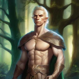 A detailed fantasy illustration of a male Eladrin with a human face, short blonde hair, and a piercing in his ear