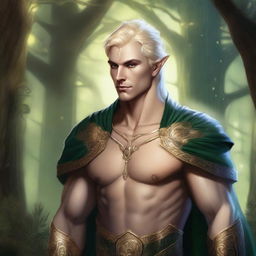 A detailed fantasy illustration of a male Eladrin with a human face, short blonde hair, and a piercing in his ear