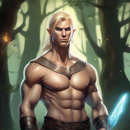 A detailed fantasy illustration of a male Eladrin with a perfect human face, short blonde hair, and a piercing in his ear