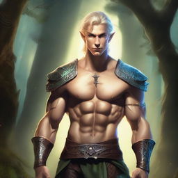 A detailed fantasy illustration of a male Eladrin with a perfect human face, short blonde hair, and a piercing in his ear