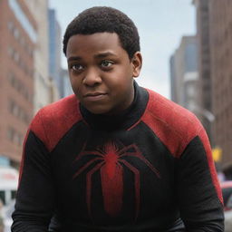 A thoughtful and inspiring representation of Miles Morales, the Spider-Man from the Multiverse, depicted with Down Syndrome, showcasing the same strength, courage, and resilience that defines his character.