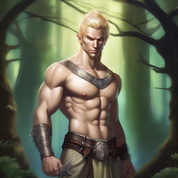 A detailed fantasy illustration of a male Eladrin with a perfect human face, short blonde hair, and a piercing in his ear