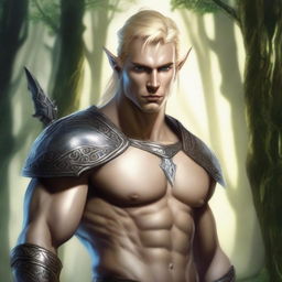 A detailed fantasy illustration of a male Eladrin with a perfect human face, short blonde hair, and a piercing in his ear