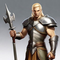 A male Eladrin with a perfect human face, short blonde hair, and a piercing in his ear