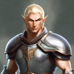 A male Eladrin with a perfect human face, short blonde hair, and a piercing in his ear