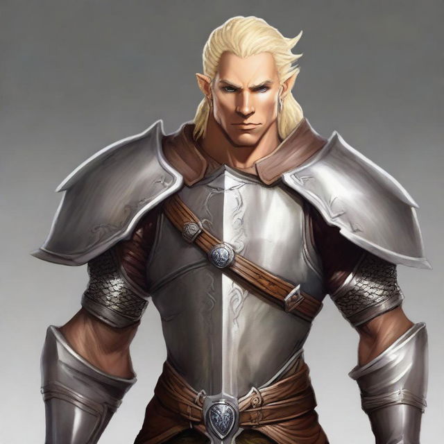 A male Eladrin with a perfect human face, short blonde hair, and a piercing in his ear