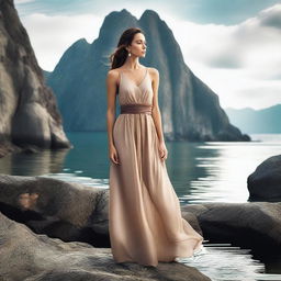 Create an image of a woman standing on rocks near the water, looking confident and stylish