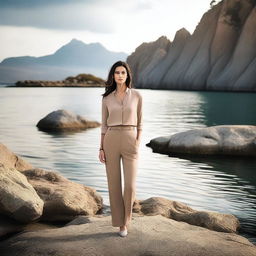 Create an image of a woman standing on rocks near the water, looking confident and stylish