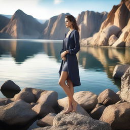 Create an image of a woman standing on rocks near the water, looking confident and stylish