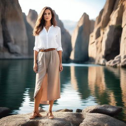 Create an image of a woman standing on rocks near the water, looking confident and stylish