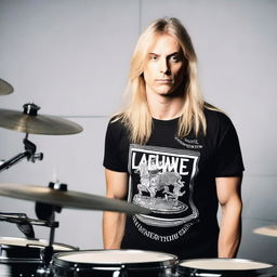 A blonde man with long hair, dressed in a band t-shirt, standing confidently