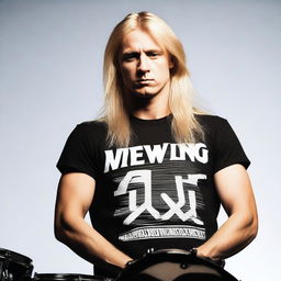 A blonde man with long hair, dressed in a band t-shirt, standing confidently