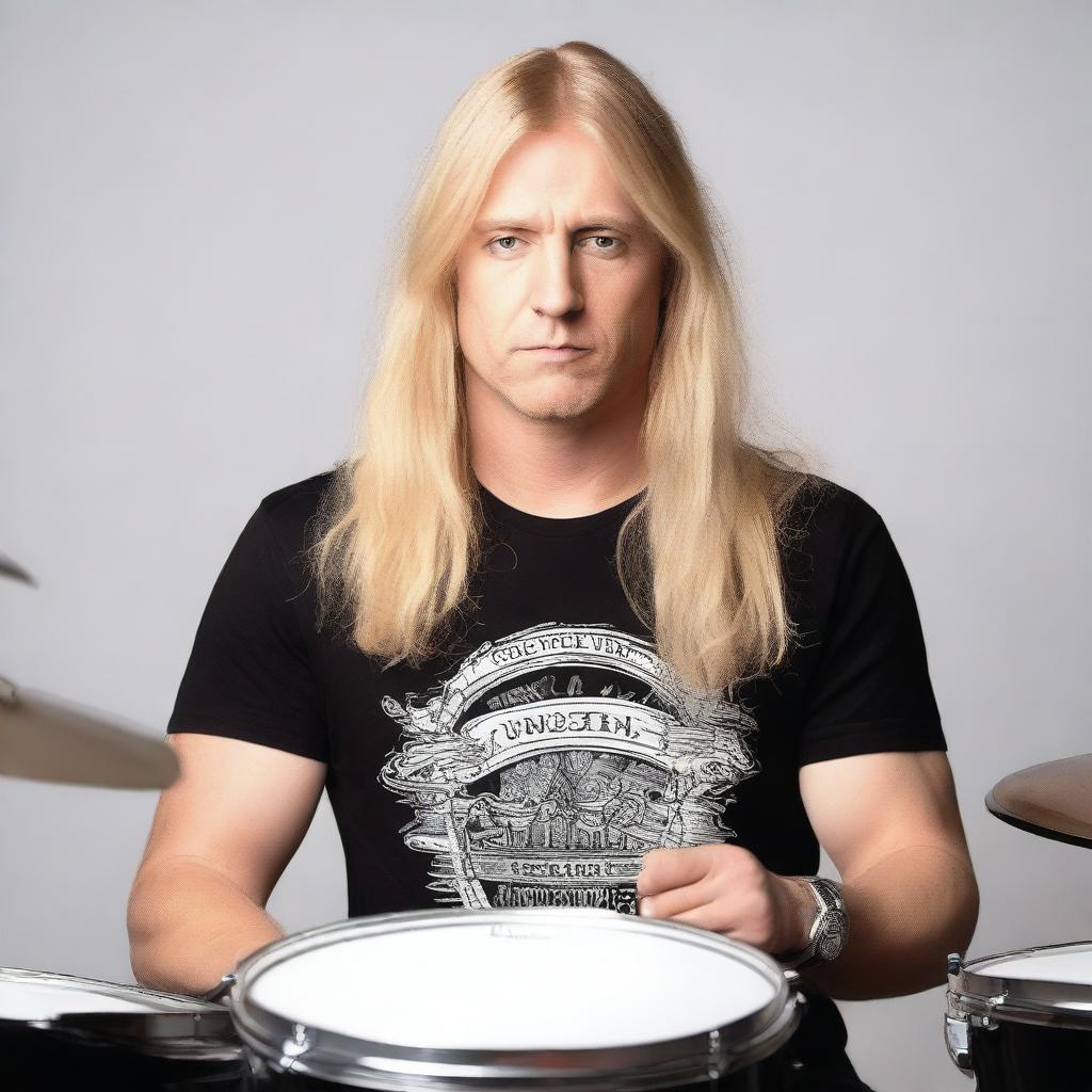 A blonde man with long hair, dressed in a band t-shirt, standing confidently