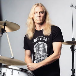 A blonde man with long hair, dressed in a band t-shirt, standing confidently