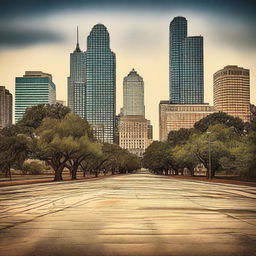 A city skyline or a typical Texan scene featuring elements like modern buildings or details that reflect the Southern lifestyle of the USA