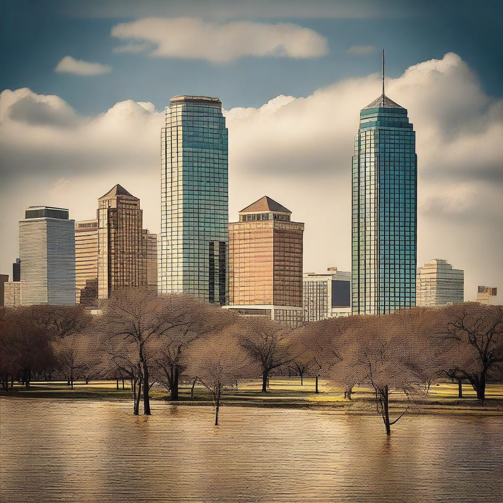 A city skyline or a typical Texan scene featuring elements like modern buildings or details that reflect the Southern lifestyle of the USA