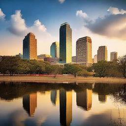 A city skyline or a typical Texan scene featuring elements like modern buildings or details that reflect the Southern lifestyle of the USA