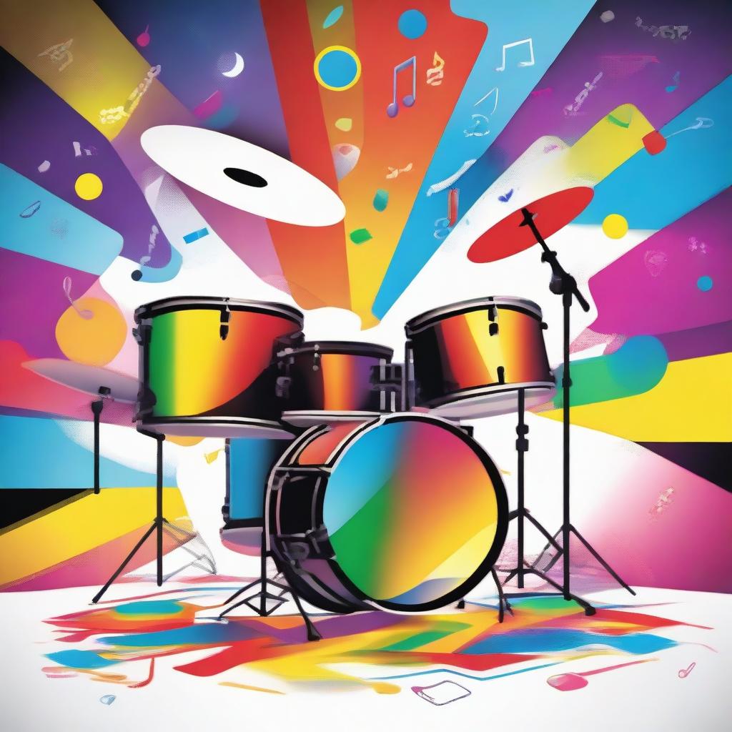 A vibrant and dynamic scene featuring a drum set with floating musical notes and small icons of various musical instruments surrounding it